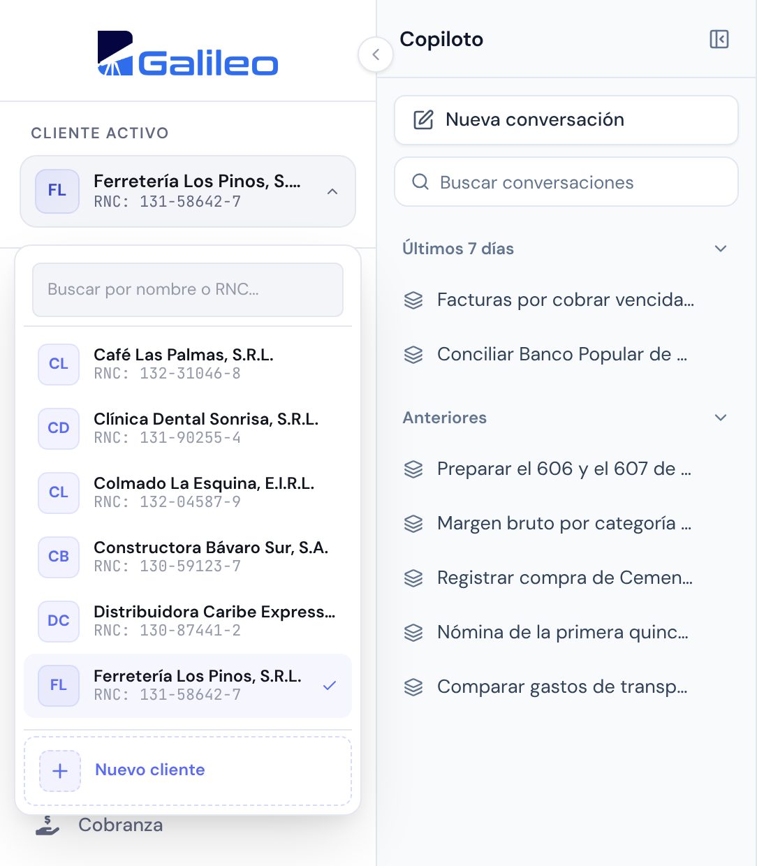 Selector de cliente activo en Galileo con siete empresas de la cartera